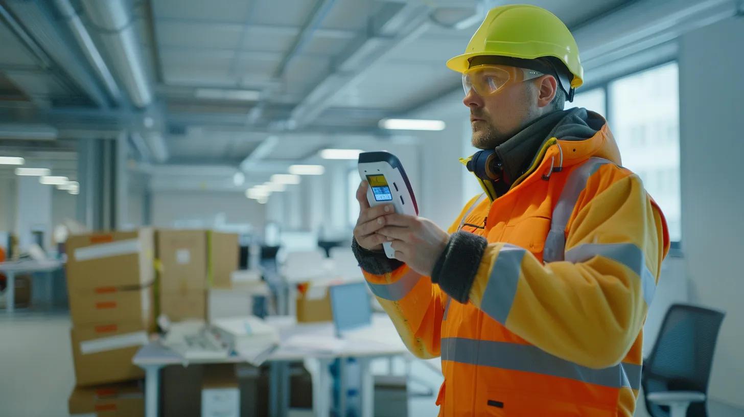 a professional technician in safety gear uses infrared cameras and moisture meters to assess water damage in a modern office environment, with visible signs of restoration efforts and clear communication tools in the background.