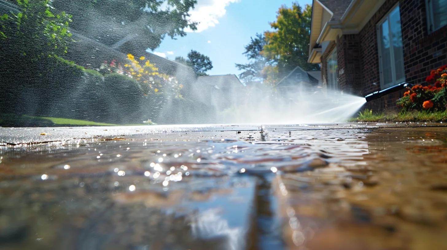 a professional technician vigorously pressure washes a residential driveway in kennesaw, ga, revealing a stark contrast between the sparkling clean section and the dingy, debris-laden area, emphasizing the critical role of maintenance in preventing water damage risks.