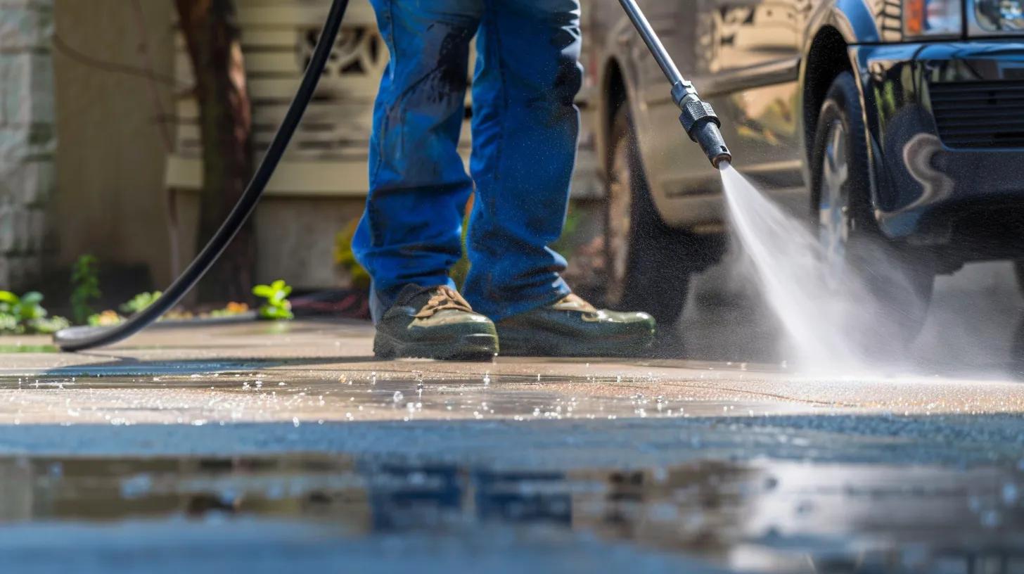 a professional technician operates a high-pressure washer on a residential driveway in kennesaw, ga, vividly contrasting the pristine, freshly cleaned section with the still-dirty area, highlighting the transformative impact of enhanced curb appeal.