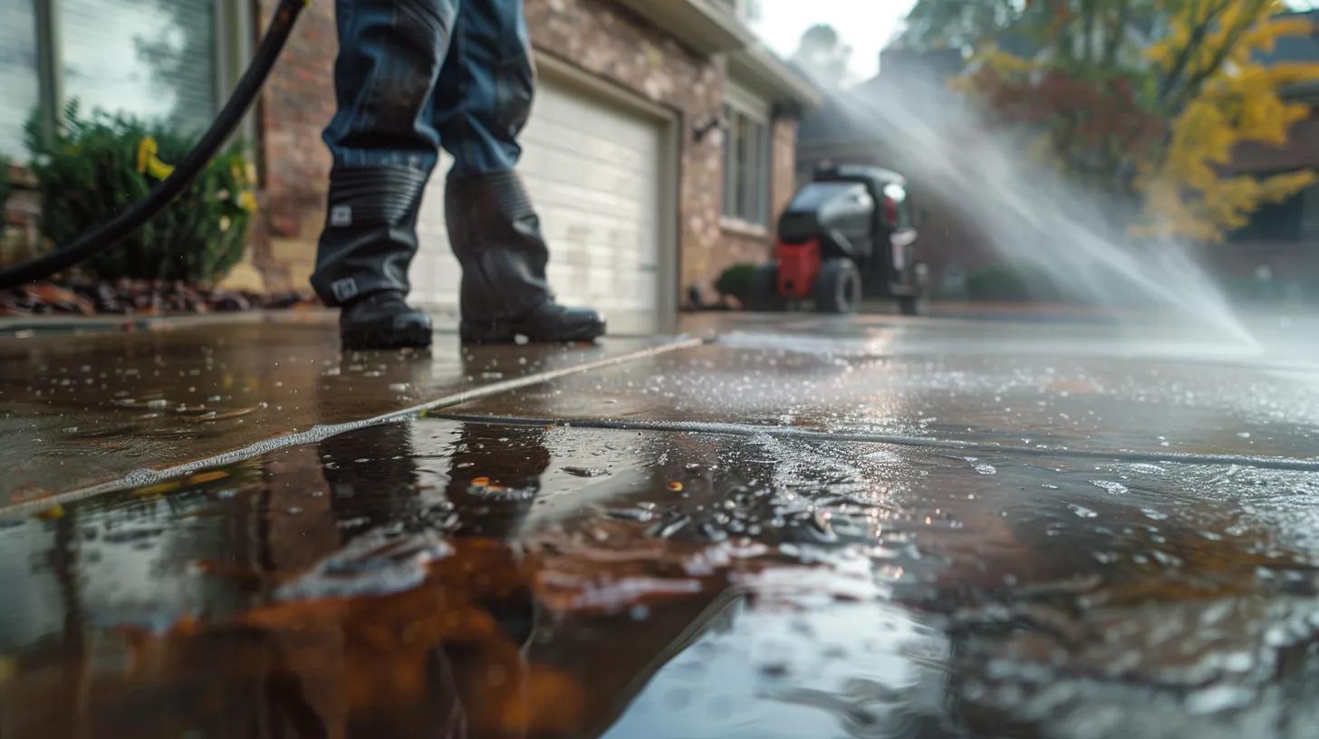 a professional technician skillfully pressure washes a residential driveway in kennesaw, ga, revealing a striking contrast between the gleaming clean and the dirty sections, emphasizing the transformation and maintenance of the property.