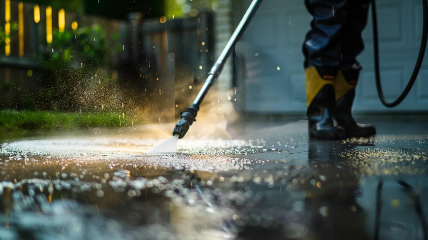 a professional technician expertly pressure washes a residential driveway in kennesaw, ga, revealing a stark contrast between pristine and dirty sections while utilizing eco-friendly practices and modern equipment.