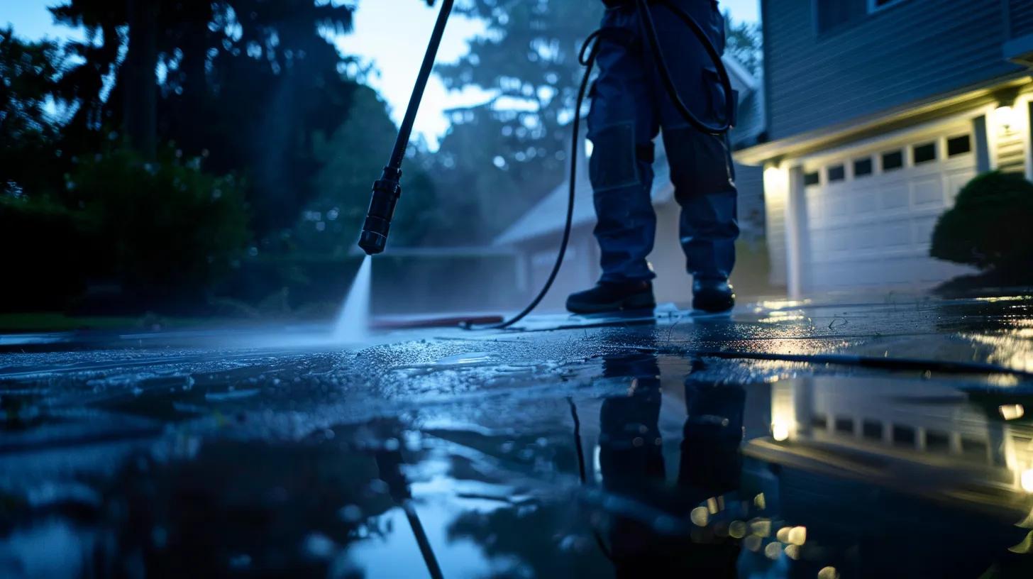 a professional technician operates a powerful pressure washer on a residential driveway in kennesaw, ga, distinctly revealing the stark contrast between the freshly cleaned, gleaming surface and the grimy, weathered sections, all under bright, artificial lighting to emphasize the transformation.