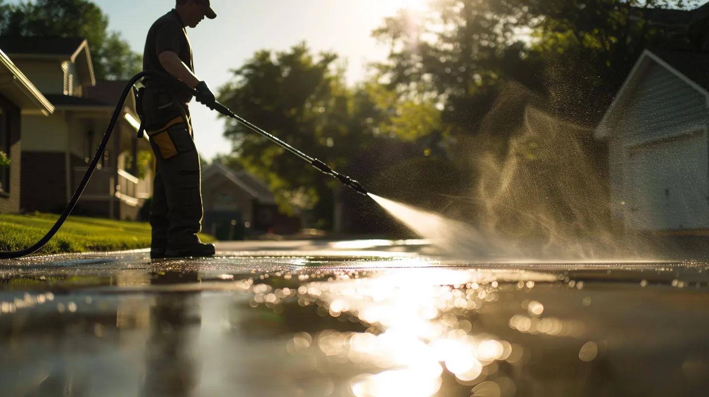 a professional technician expertly pressure washes a residential driveway in kennesaw, ga, highlighting a striking contrast between the gleaming clean surface and the grimy, unwashed sections, all under a bright urban sky.