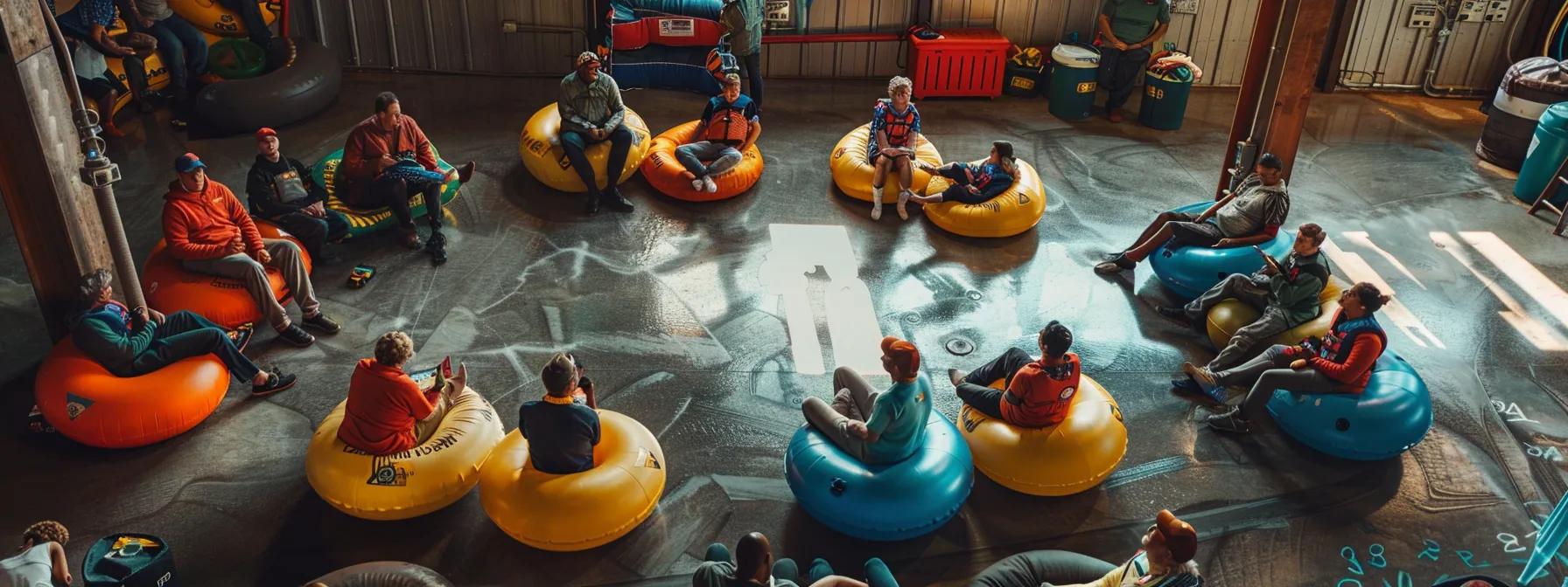 a rugged indoor workshop setting showcases a group of safety experts in dynamic discussion, surrounded by colorful inflatable tubes and safety gear, as they emphasize crucial safety tips for tubing in diverse river conditions.
