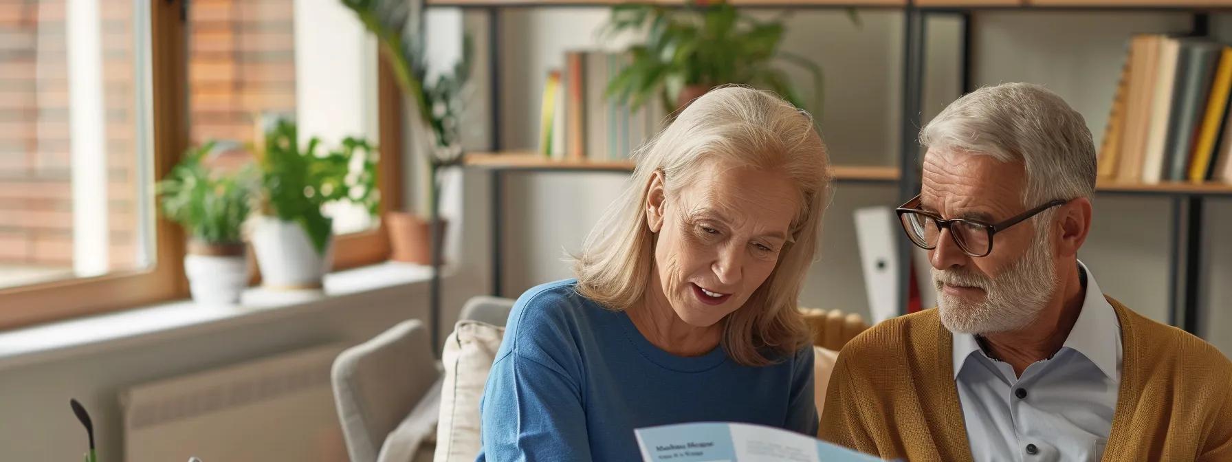 a senior couple attentively reviewing a medicare supplement insurance brochure in a well-lit, modern office setting, surrounded by informative charts and financial documents, conveying a sense of comfort and clarity in healthcare planning.