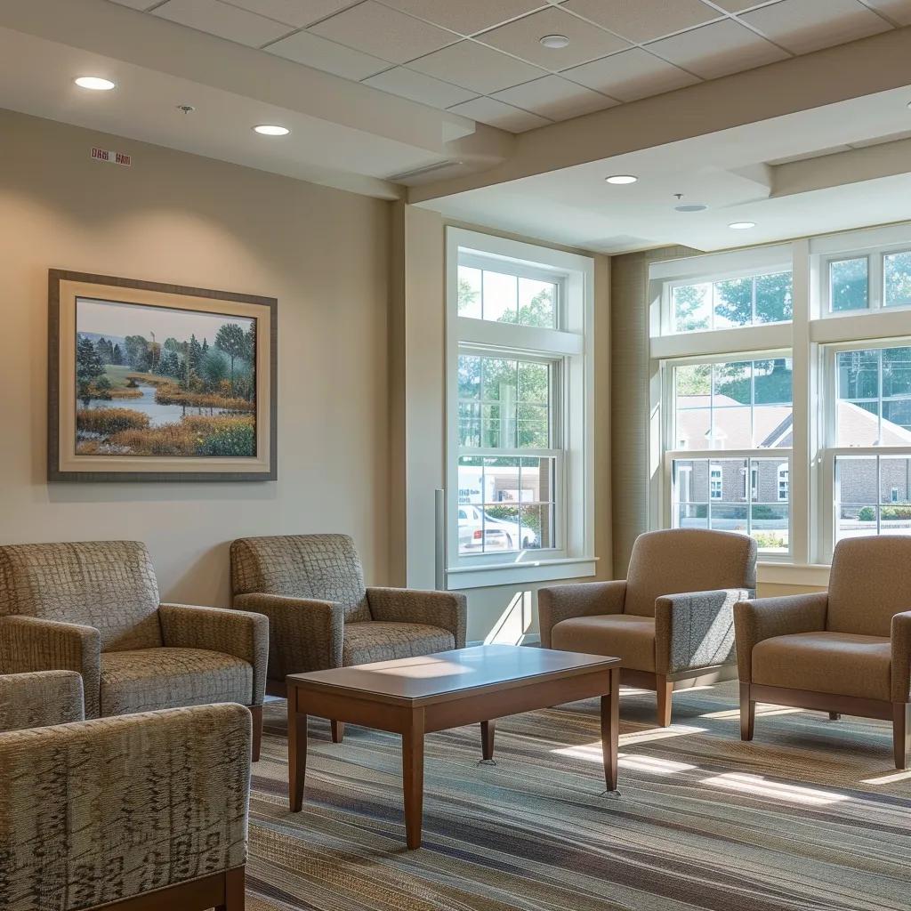 a serene and inviting memory care facility in west virginia, showcasing a modern, well-appointed interior with soft, comforting furnishings and warm, welcoming lighting that emphasizes a sense of safety and community.