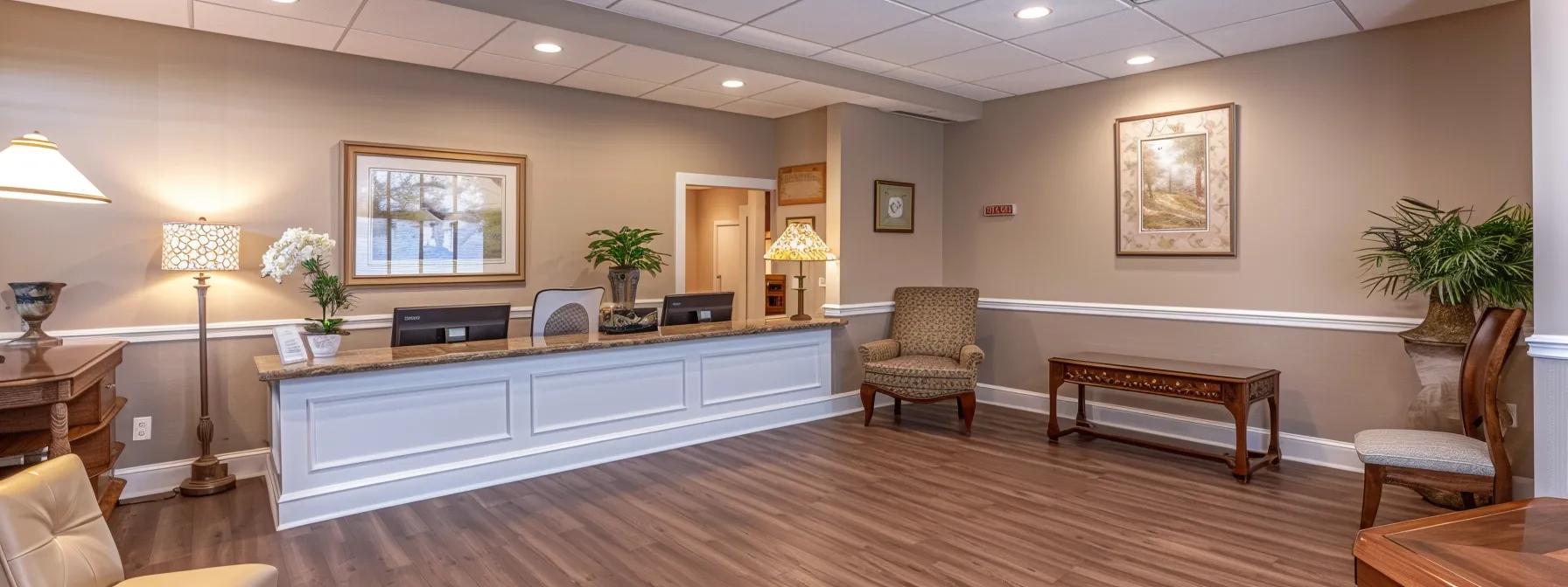 a serene and inviting cremation service office in gainesville, featuring warm-toned decor, comfortable seating, and a tasteful display of memorial options, all bathed in soft, ambient lighting to convey compassion and dignity.