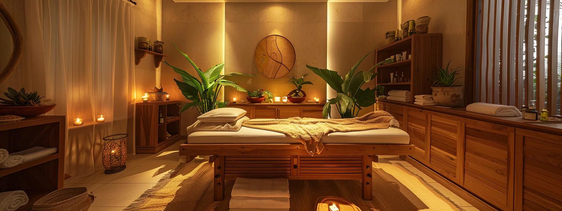 a serene, elegantly designed ayurvedic therapy room featuring soothing wooden furnishings, soft ambient lighting, and herbal remedies displayed, exuding an atmosphere of holistic healing and wellness. a serene, elegantly designed ayurvedic therapy room featuring soothing wooden furnishings, soft ambient lighting, and herbal remedies displayed, exuding an atmosphere of holistic healing and wellness.