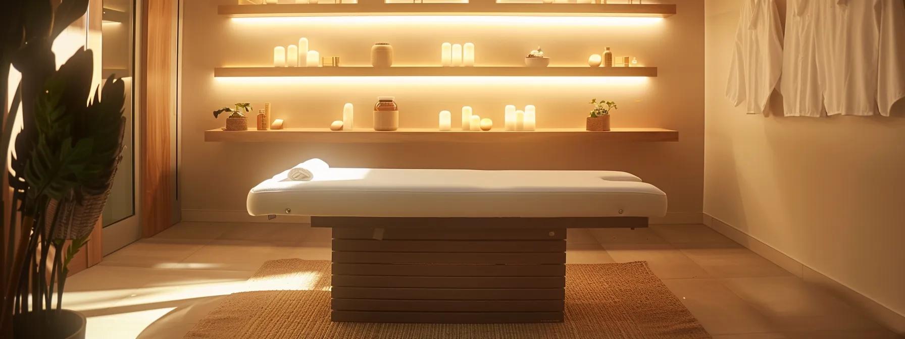 a serene, modern therapy room with a sleek massage table and warm, ambient lighting, showcasing essential oils and ayurvedic herbs prominently displayed, emphasizing the healing power of foundational ayurvedic treatments for chronic pain relief.