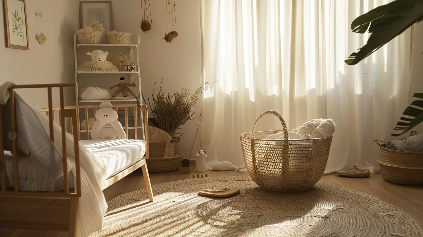 a serene nursery interior showcases a beautifully arranged moses basket, surrounded by thoughtfully chosen safety materials and decor, highlighting the importance of infant safety in a peaceful and inviting environment.