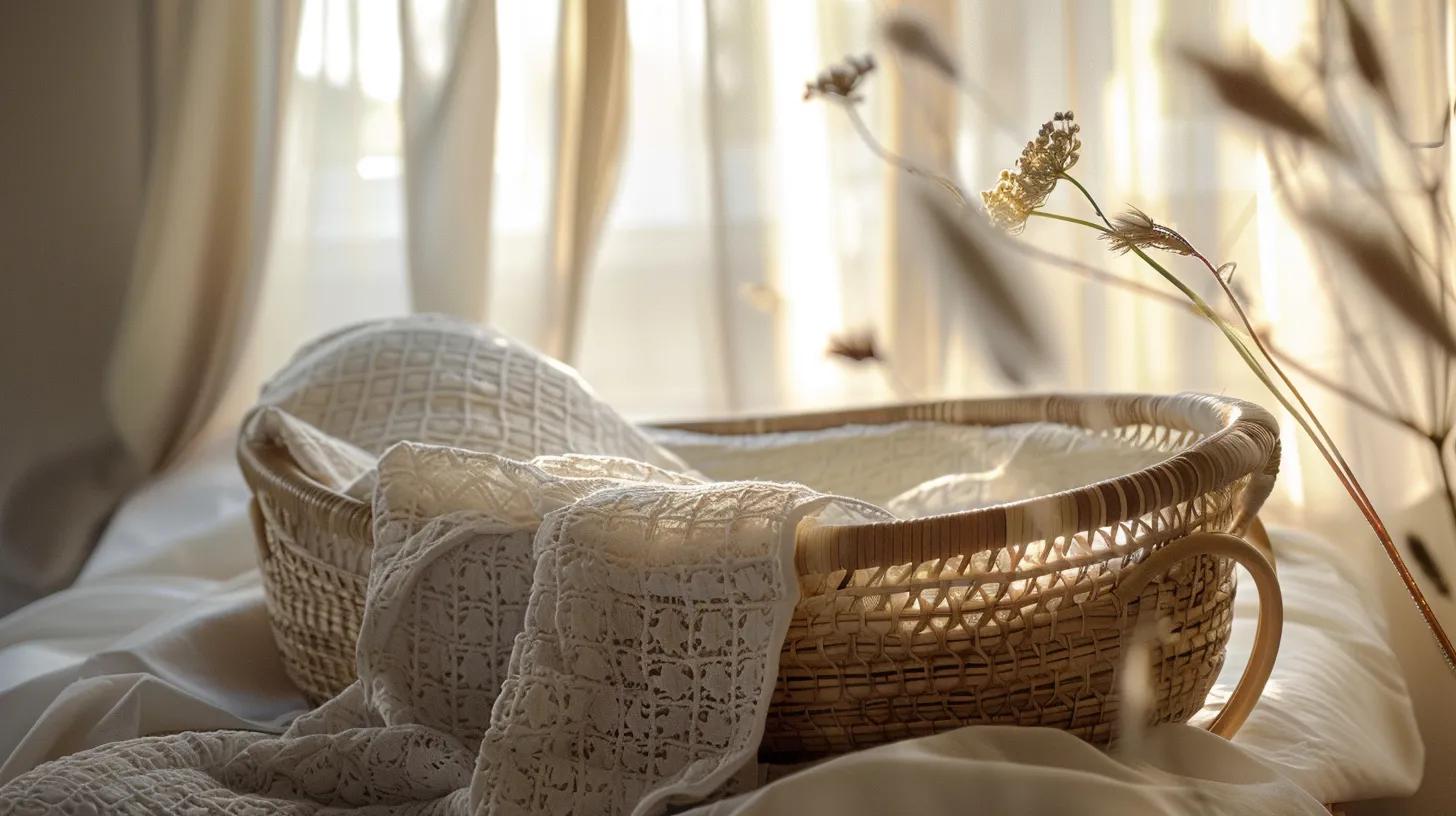 a serene nursery setting showcases a beautifully arranged moses basket with elegantly patterned fitted sheets, bathed in soft, ambient light that highlights the exquisite fabric textures and inviting comfort.