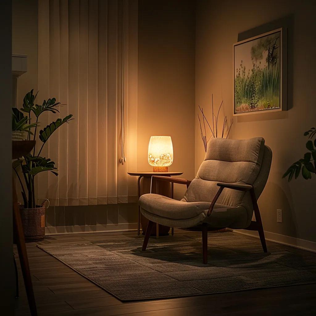 a serene therapy room, featuring an inviting armchair and soft ambient lighting, conveys a sense of emotional safety as a person listens intently, illustrating the theme of recognizing apology languages and fostering emotional healing.