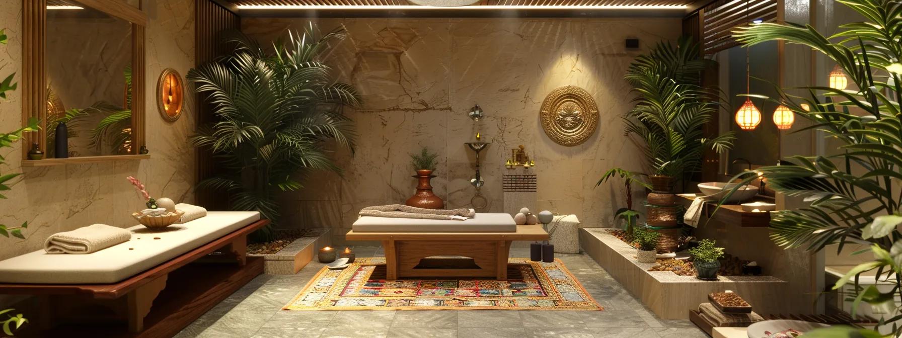 a serene wellness center interior featuring an elegant therapy room with inviting herbal arrangements, calming decor, and traditional ayurvedic treatment tools, designed to evoke a sense of healing and holistic well-being. a serene wellness center interior featuring an elegant therapy room with inviting herbal arrangements, calming decor, and traditional ayurvedic treatment tools, designed to evoke a sense of healing and holistic well-being.