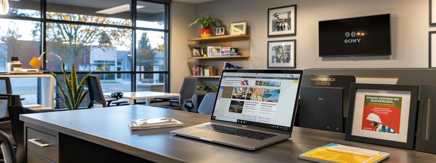 a sharply focused office environment featuring a sleek laptop opened to the roswell building department website, accompanied by colorful brochures and a digital tablet displaying local contractor resources, all illuminated by warm artificial lighting that highlights the organized workspace atmosphere. Where to Find Additional Resources and Updates on Roswell Permits?