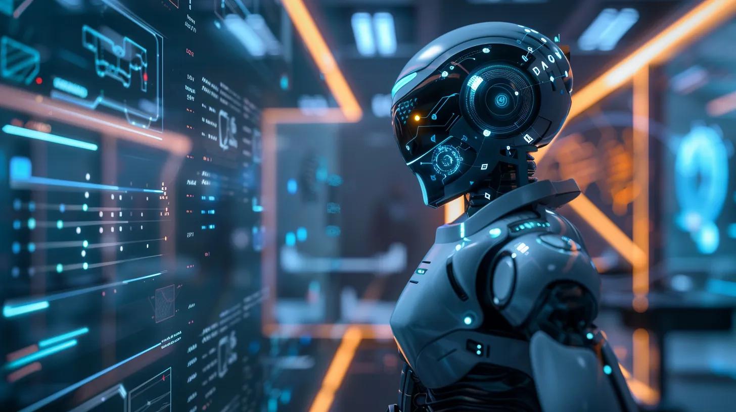 a sleek ai robot, illuminated in a futuristic office environment, analyzes data streams on holographic displays, reflecting the precision and efficiency of ai seo in addiction treatment marketing, all set against a backdrop of shimmering digital interfaces and glowing analytics graphs.