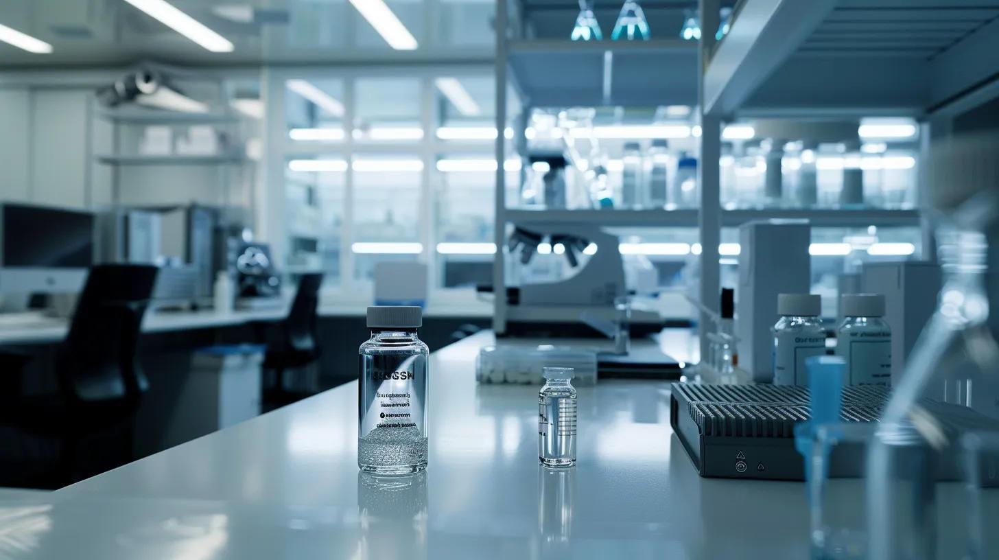 a sleek and modern laboratory, filled with state-of-the-art equipment, showcases a glass vial labelled 'ibutamoren' prominently in the foreground, illuminated by cool, focused lighting that highlights its scientific significance.