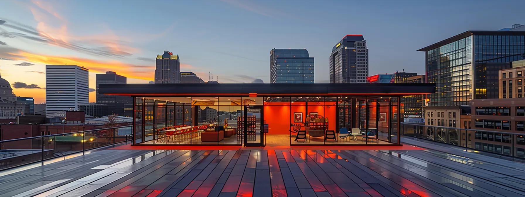 a sleek and modern urban roofing showroom in saint louis showcases a variety of vibrant asphalt shingles displayed against a backdrop of high-rise buildings, emphasizing their affordability and practical appeal for homeowners.