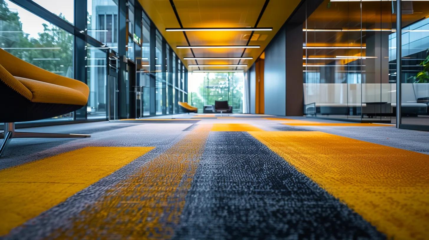 a sleek and modern office environment features a polished carpet being treated with an industrial carpet shampoo, showcasing its effectiveness through vibrant colors and textures that highlight the cleaning process.