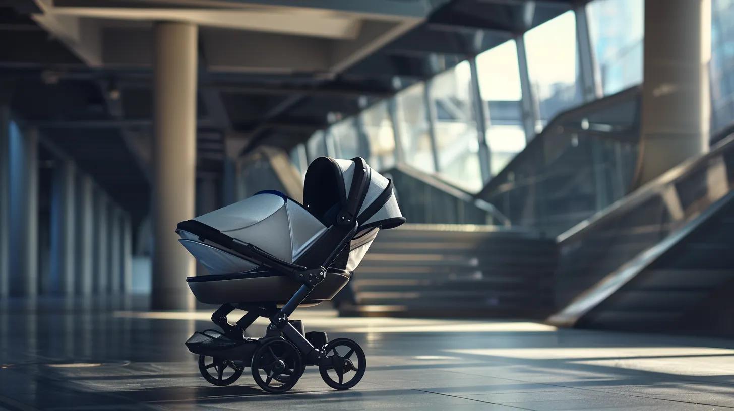 a sleek, compact travel system for families is displayed in a modern urban environment, featuring its streamlined folding mechanism and practical storage solutions, emphasising its manoeuvrability through narrow corridors and urban terrains.
