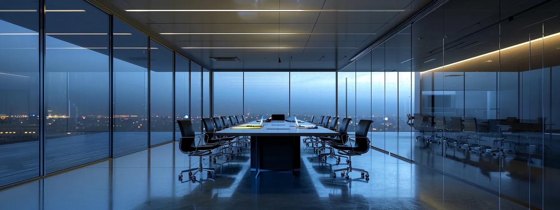 a sleek conference room with a modern table, surrounded by blueprints and legal documents, illuminated by bright, focused lighting, visually representing the critical relationship between planning, legal requirements, and extension costs in urban development.