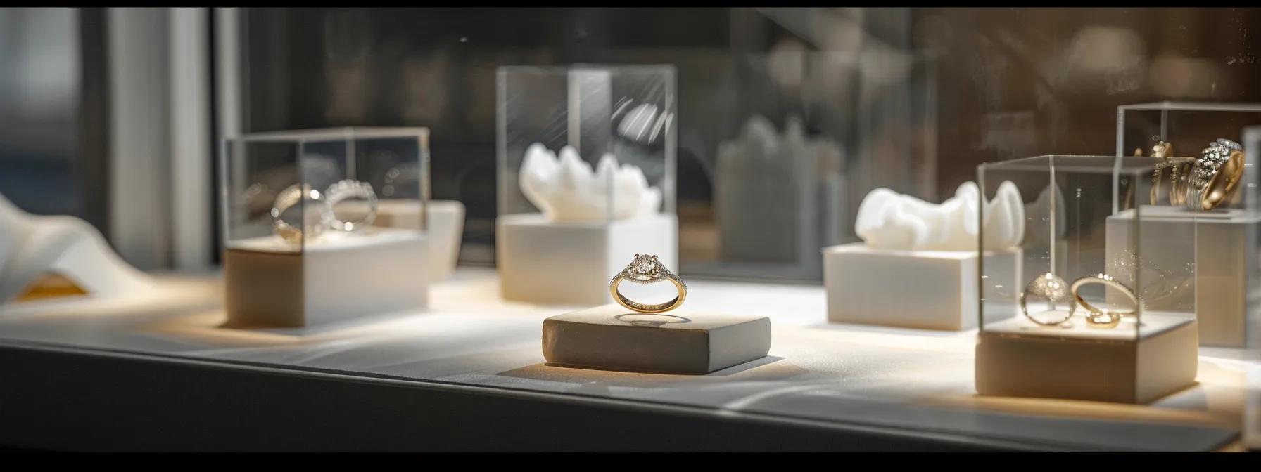 a sleek, contemporary jewelry studio showcases a stunning array of innovative engagement rings crafted from unconventional materials, illuminated by soft, focused lighting that highlights their bold designs and intricate settings.