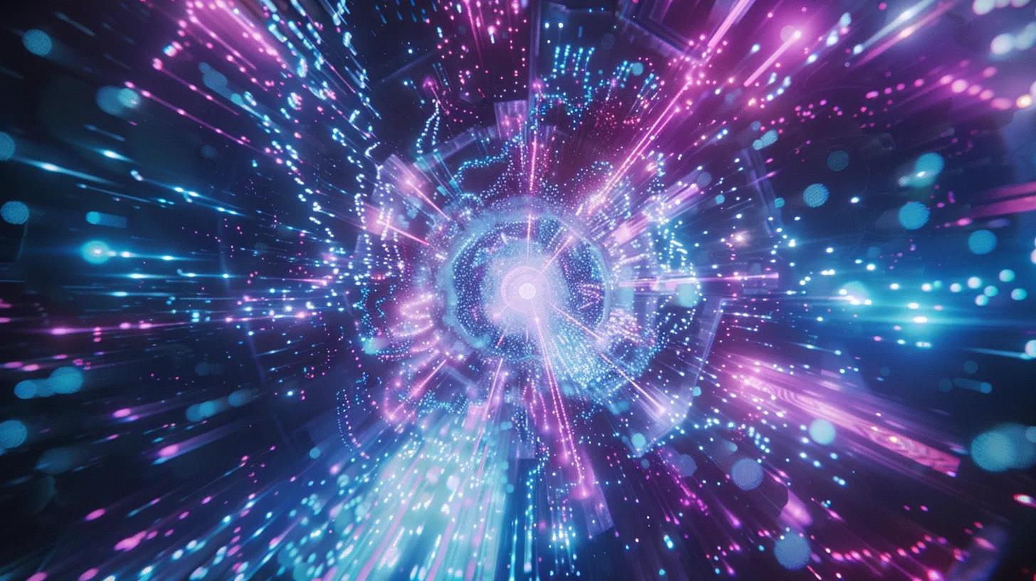 a sleek, futuristic ai robot hovers in a vibrant cosmic setting, surrounded by swirling data streams and glowing particles, embodying the transformative power of structured data and schema markup in boosting the online visibility of addiction treatment centers.