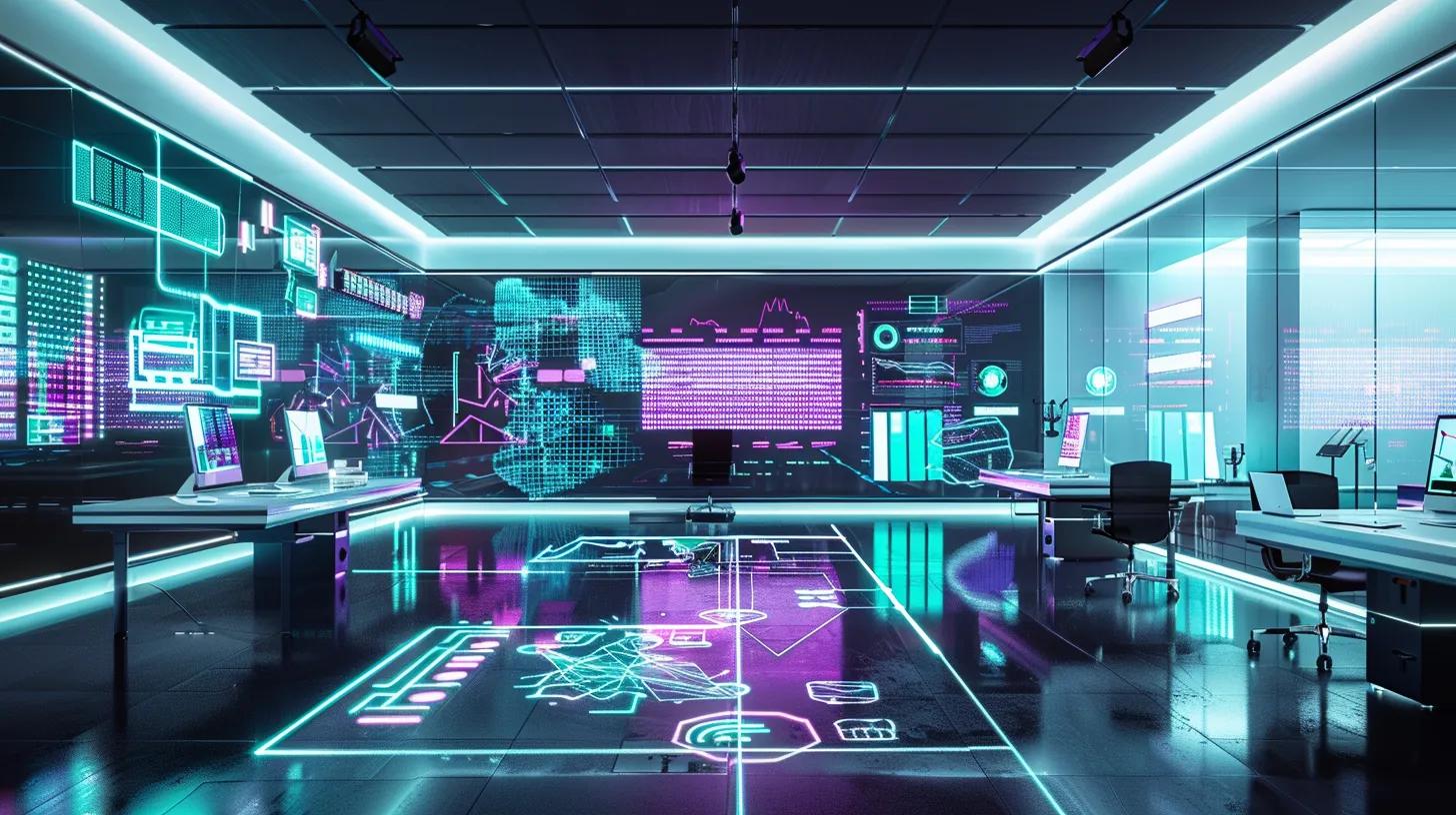 a sleek, futuristic office environment showcases a glowing ai interface displaying seo analytics, with digital data streams and floating holograms illuminating the space in a harmonious blend of white, teal, and purple tones. a sleek, futuristic office environment showcases a glowing ai interface displaying seo analytics, with digital data streams and floating holograms illuminating the space in a harmonious blend of white, teal, and purple tones.