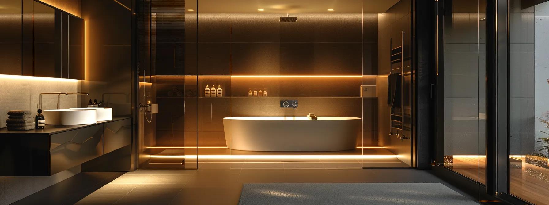 a sleek, high-end bathroom showcases integrated smart technology with elegant fixtures and ambient lighting, creating a luxurious yet functional space that highlights modern sophistication and tailored comfort.