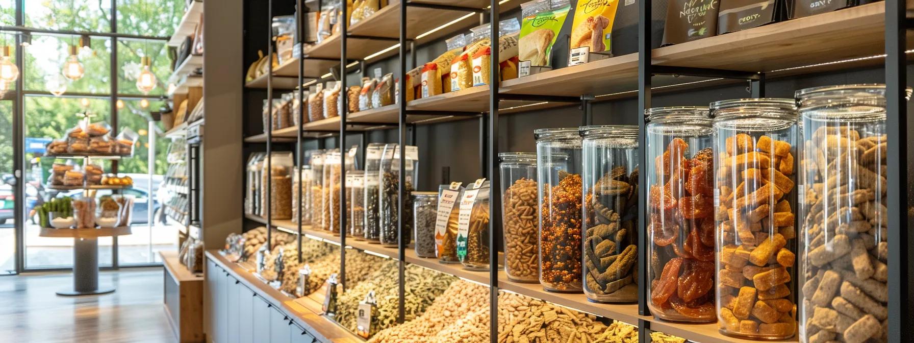 a sleek indoor pet store display showcases an array of premium freeze-dried liver dog treats, highlighting their clear packaging and enticing textures against a modern backdrop, emphasizing quality and nutrition for discerning pet owners. a sleek indoor pet store display showcases an array of premium freeze-dried liver dog treats, highlighting their clear packaging and enticing textures against a modern backdrop, emphasizing quality and nutrition for discerning pet owners.