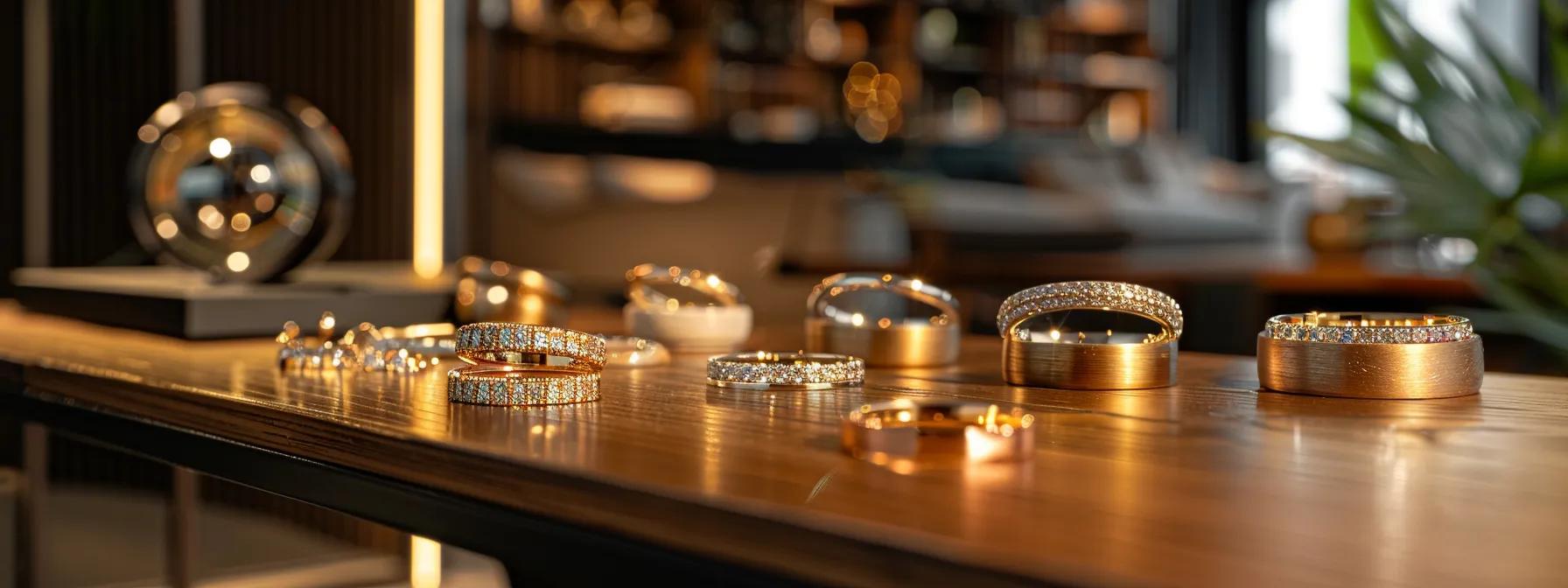 a sleek jewelry design studio showcases a variety of rings in different widths and thicknesses, elegantly displayed on a polished wooden table, emphasizing their diverse shapes and intricate craftsmanship against a modern, sophisticated backdrop.