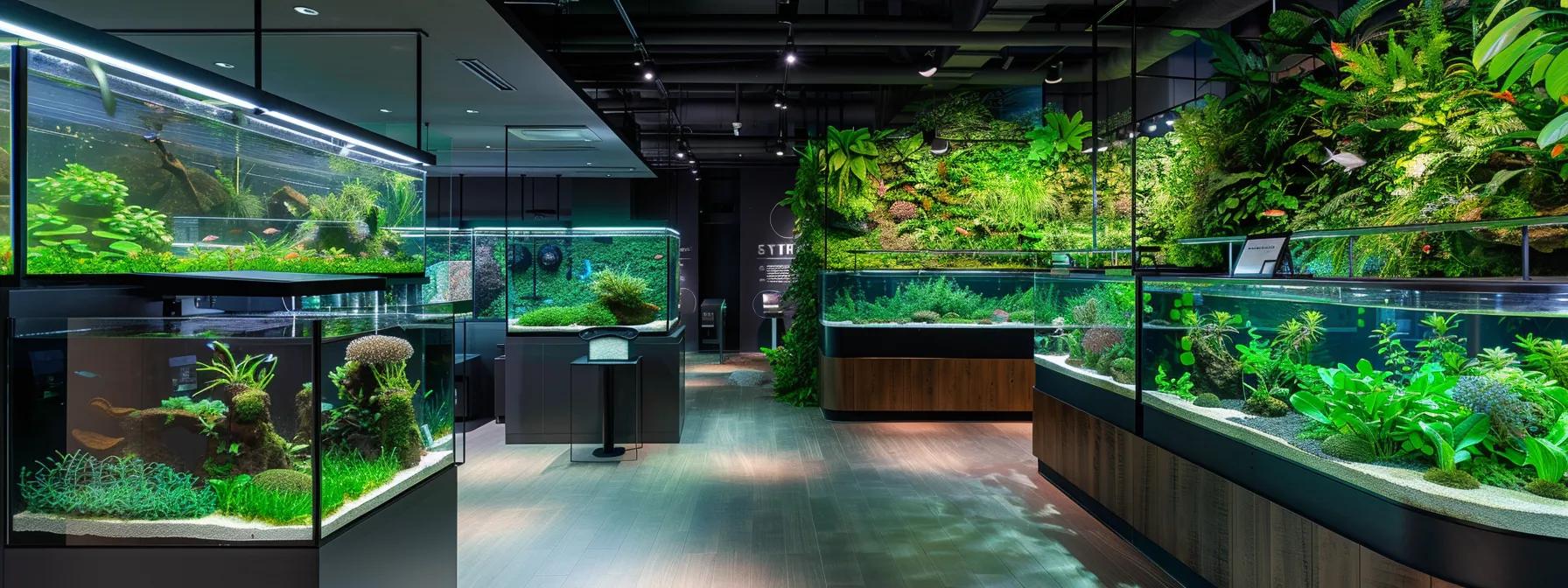 a sleek, modern aquarium showroom displays various illuminated tanks, each showcasing vibrant freshwater and saltwater ecosystems under tailored lighting, emphasizing the contrast between lush greenery and colorful corals in an organized, professional setting. a sleek, modern aquarium showroom displays various illuminated tanks, each showcasing vibrant freshwater and saltwater ecosystems under tailored lighting, emphasizing the contrast between lush greenery and colorful corals in an organized, professional setting.