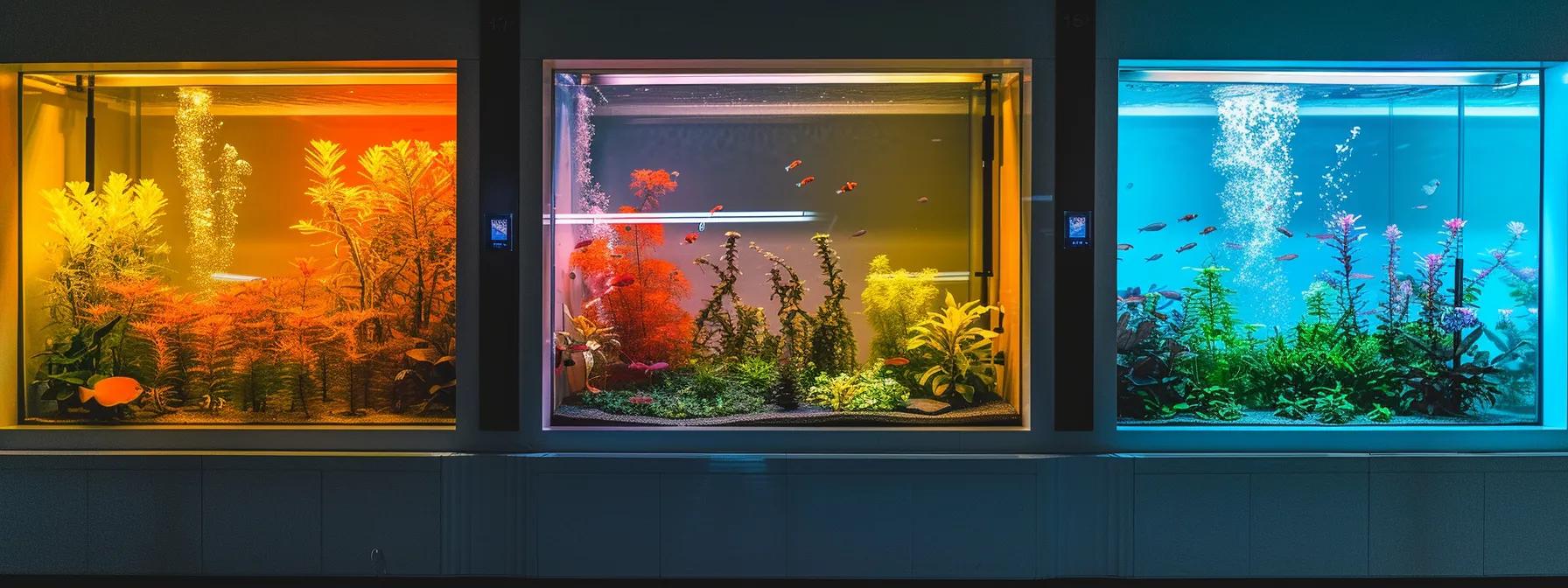 a sleek, modern aquarium illuminated by vibrant led lighting casts colorful reflections across a minimalist office setting, emphasizing the energy efficiency and cost-effectiveness of contemporary lighting technology. a sleek, modern aquarium illuminated by vibrant led lighting casts colorful reflections across a minimalist office setting, emphasizing the energy efficiency and cost-effectiveness of contemporary lighting technology.