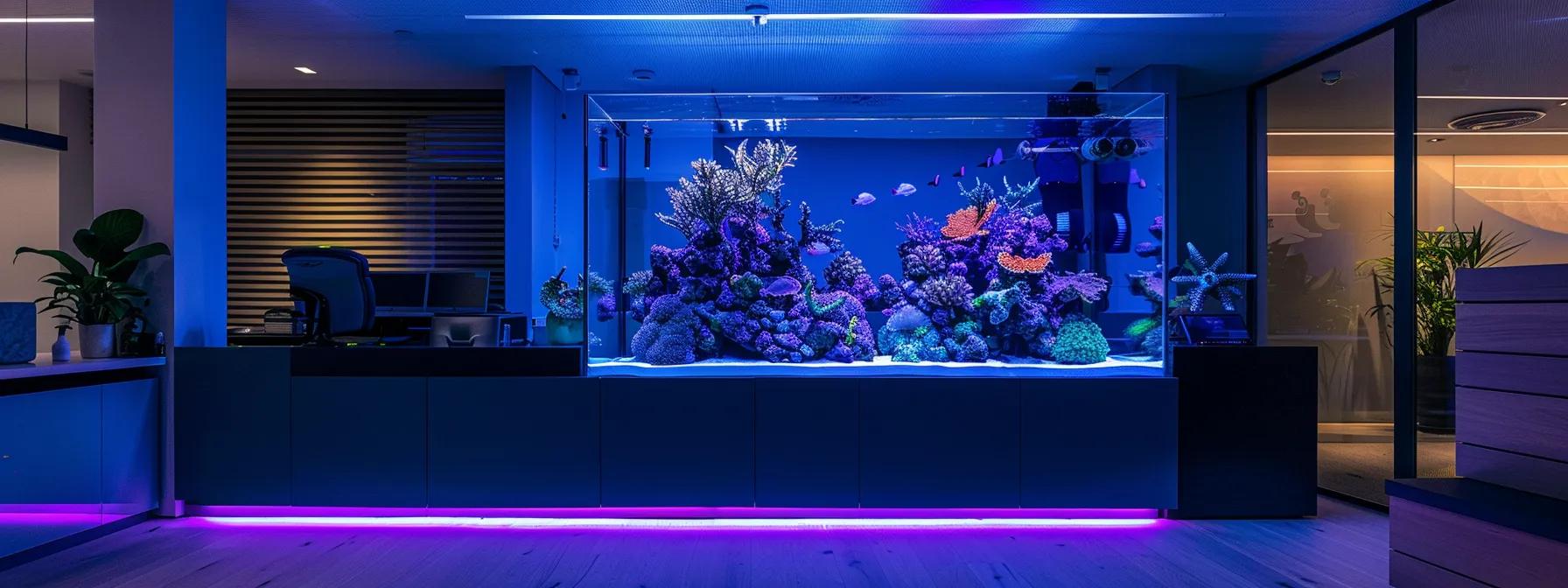 a sleek, modern aquarium illuminated by vibrant led lights casts a captivating underwater glow in a stylish, contemporary office setting, showcasing advanced lighting technology for aquatic environments. a sleek, modern aquarium illuminated by vibrant led lights casts a captivating underwater glow in a stylish, contemporary office setting, showcasing advanced lighting technology for aquatic environments.