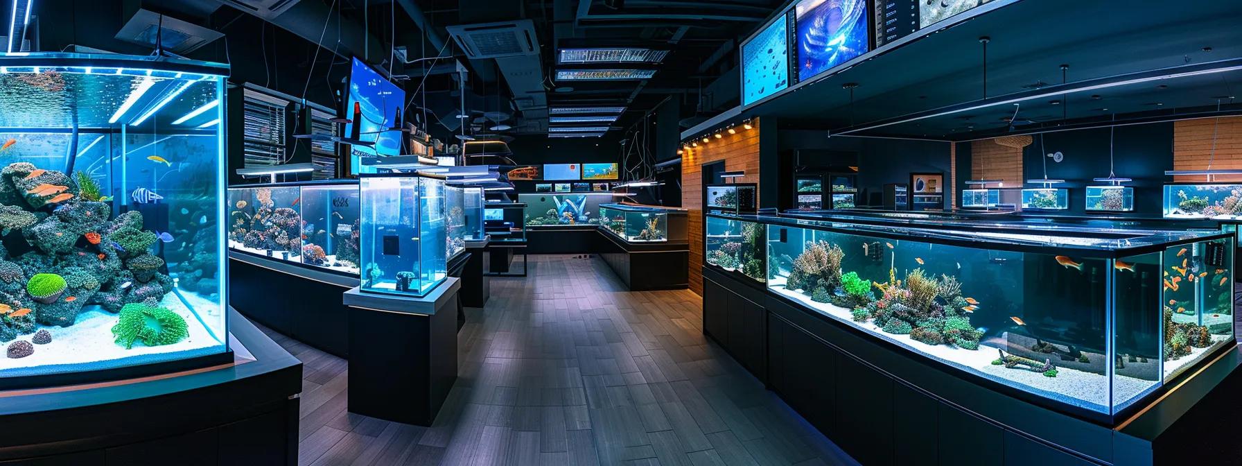 a sleek, modern aquarium supply showroom showcases a diverse range of meticulously arranged aquarium equipment and vibrant fish tanks, illuminated by bright display lighting that emphasizes the quality and professionalism of aquadreamusa's offerings.