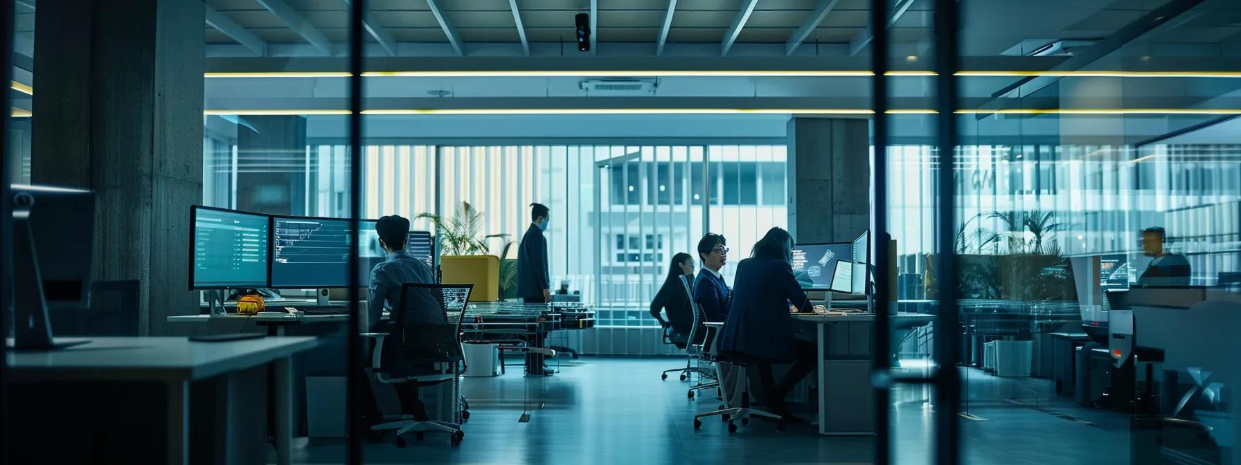 a sleek, modern architectural office space showcases a team collaborating over intricate parametric designs on digital screens, highlighting the integration of innovative building performance and sustainable practices.