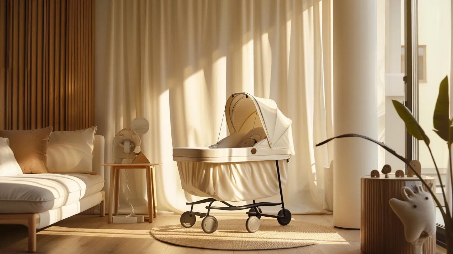 a sleek, modern baby travel system showcased in a stylish urban nursery, highlighting its robust build quality and chic design against a minimalist backdrop of soft colours and contemporary furniture.