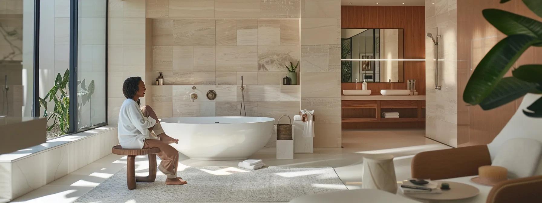 a sleek, modern bathroom showcases pristine finishes and elegant fixtures, with a confident contractor discussing renovation plans with a homeowner in a well-lit, stylish indoor setting. a sleek, modern bathroom showcases pristine finishes and elegant fixtures, with a confident contractor discussing renovation plans with a homeowner in a well-lit, stylish indoor setting.