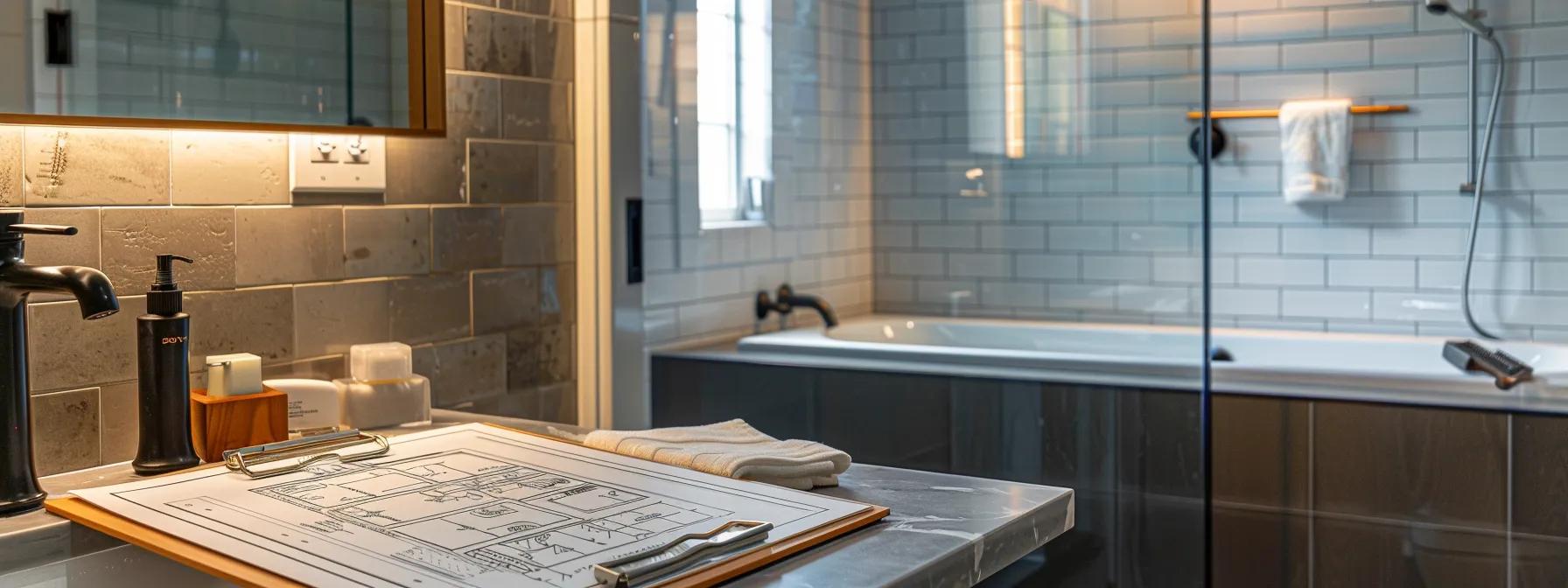 a sleek, modern bathroom renovation in an upscale roswell home, showcasing luxurious fixtures, elegant tiles, and a professional layout plan displayed prominently on a clipboard, illuminated by bright, focused lighting. a sleek, modern bathroom renovation in an upscale roswell home, showcasing luxurious fixtures, elegant tiles, and a professional layout plan displayed prominently on a clipboard, illuminated by bright, focused lighting.
