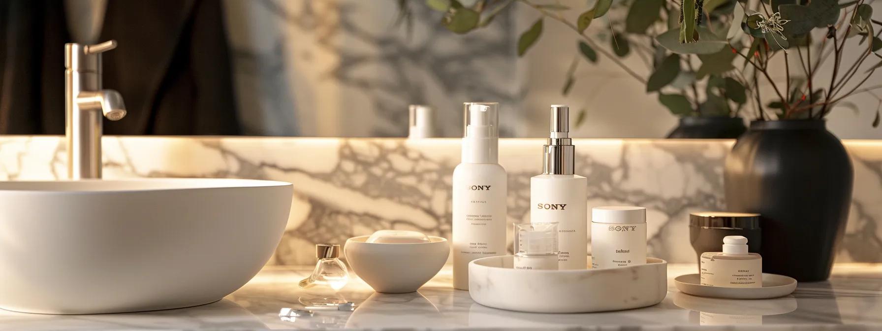 a sleek, modern bathroom setting showcases a luxurious skincare routine with elegant products displayed, conveying the importance of aftercare for smooth, irritation-free skin following a sugaring treatment.