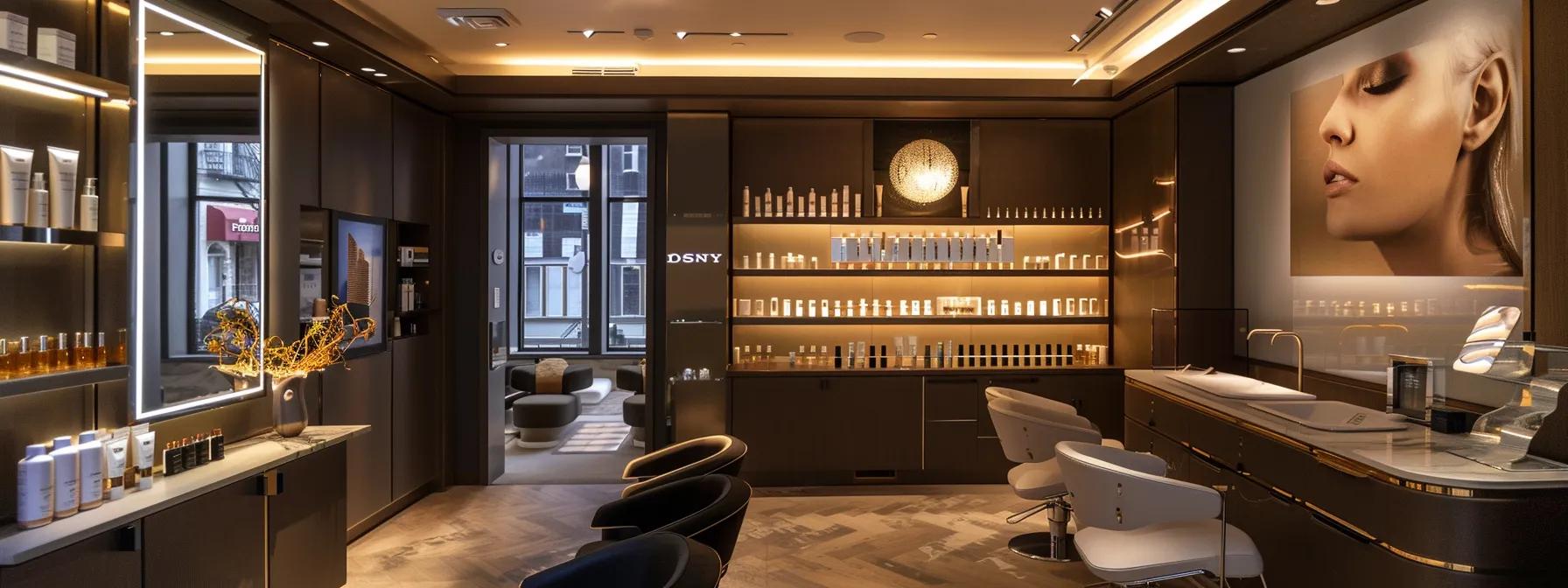 a sleek, modern beauty salon interior on nassau street, showcasing an elegant display of eyebrow grooming tools and products with a prominently featured sign highlighting activities and products to avoid post-threading, bathed in warm, inviting lighting.