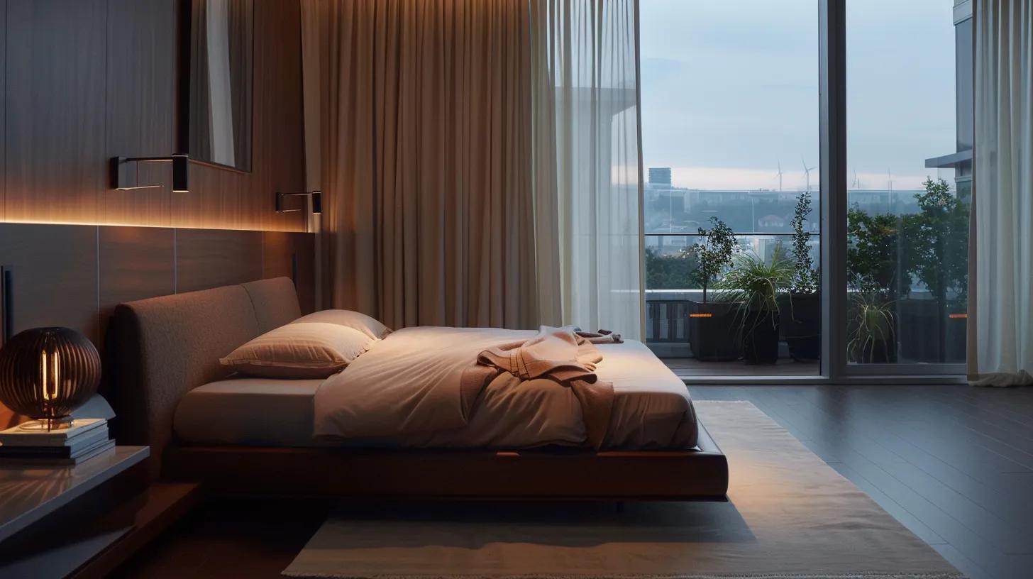 a sleek, modern bedroom interior features a plush comforter prominently displayed on a minimalist bed, showcasing the innovative pcm technology that dynamically adapts to temperature, illuminated by soft, warm lighting that highlights its luxurious texture.