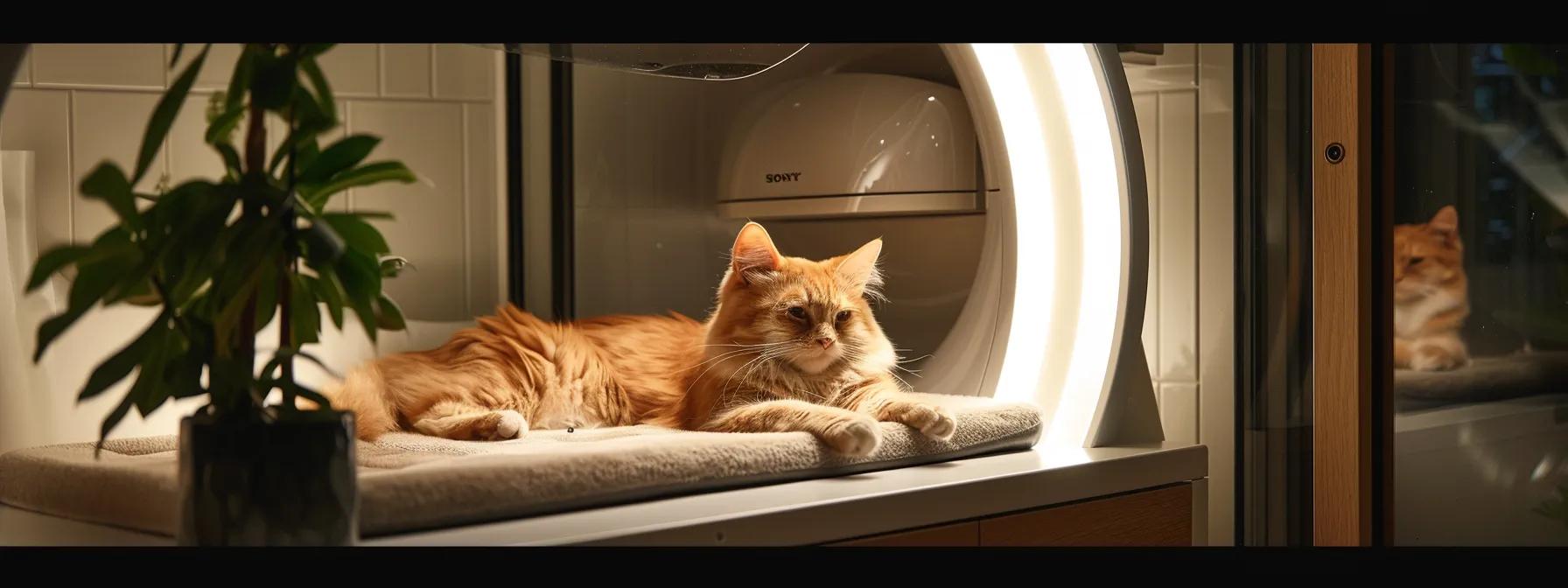 a sleek, modern cat grooming station features the purrfectdry cat dryer, showcasing its quiet, efficient operation while a relaxed cat enjoys a stress-free drying experience under soft, warm artificial lighting. a sleek, modern cat grooming station features the purrfectdry cat dryer, showcasing its quiet, efficient operation while a relaxed cat enjoys a stress-free drying experience under soft, warm artificial lighting.