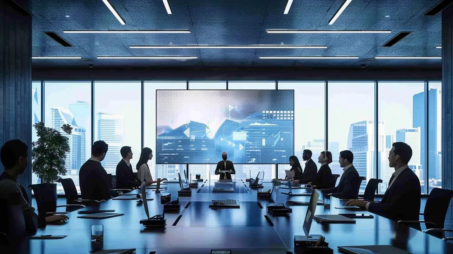 a sleek, modern conference room is filled with focused professionals analyzing proposals on a large screen, illuminated by bright overhead lights, capturing the essence of a collaborative decision-making process centered on materials and sustainable practices.