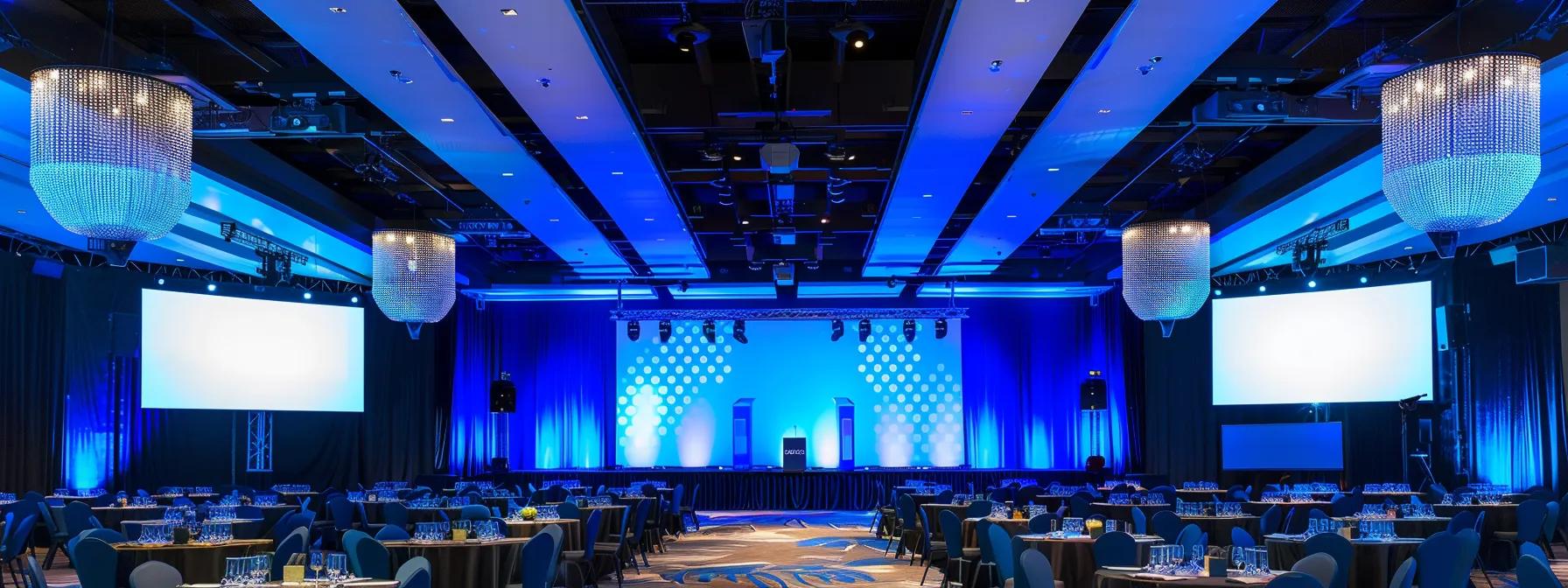 a sleek, modern conference setup in australia featuring a large, vibrant led screen at the forefront, flanked by high-end av equipment and professional lighting, creating an engaging and polished atmosphere for a live event.