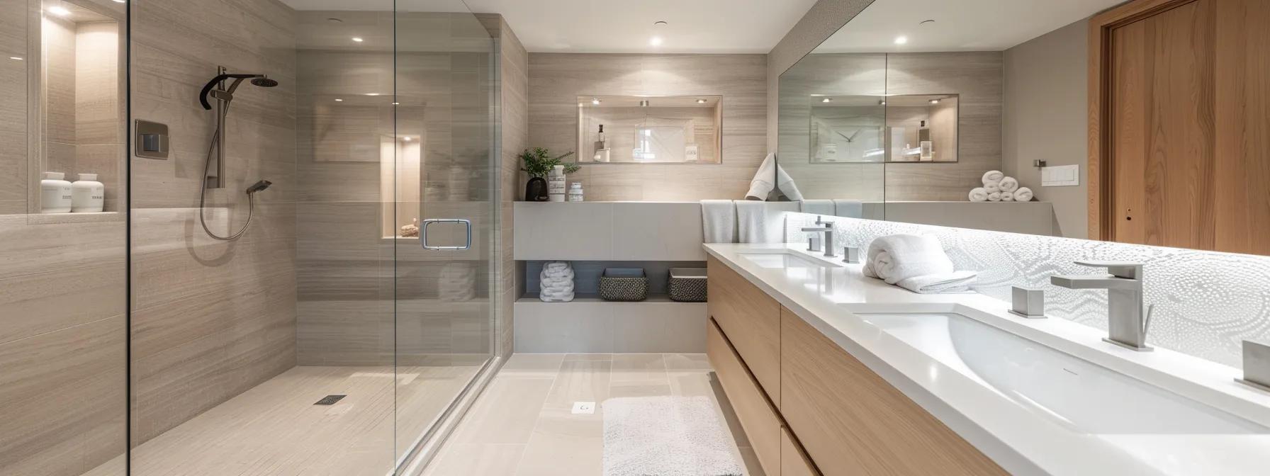 a sleek, modern ensuite featuring expansive mirrors and carefully chosen light hues creates an illusion of spaciousness, complemented by elegant fixtures and refined cabinetry that embody sophistication and warmth.