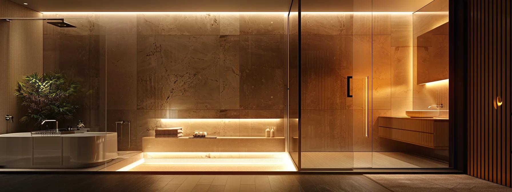 a sleek, modern ensuite bathroom showcases a space-saving sliding door elegantly integrated into the chic cabinetry design, illuminated by soft, warm lighting that enhances the sophisticated atmosphere.