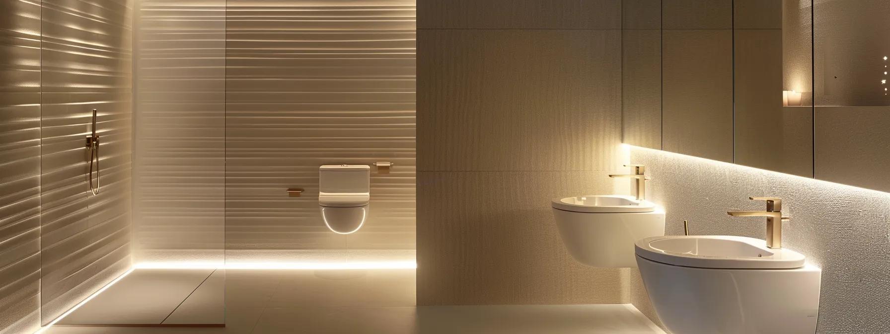 a sleek, modern ensuite bathroom features wall-hung toilets and a corner sink, elegantly designed with minimalist cabinetry and soft, ambient lighting, creating a spacious and sophisticated atmosphere.