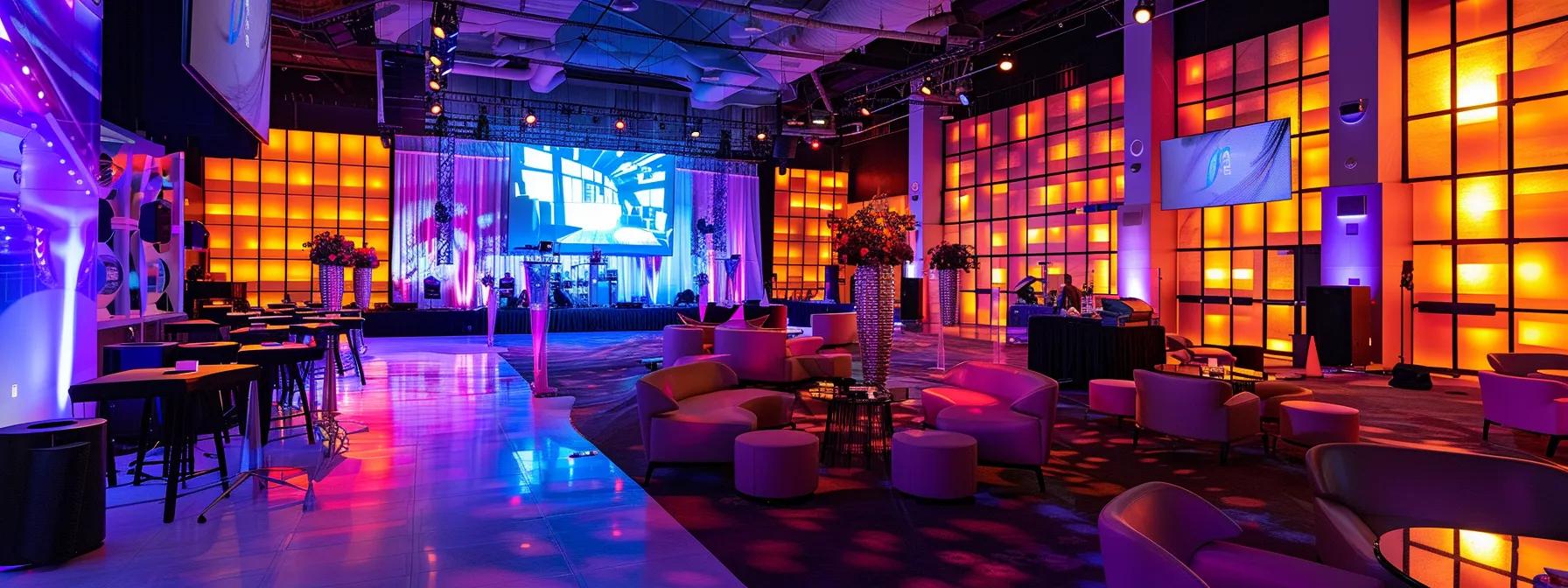 a sleek, modern event space in laval, illuminated with vibrant lighting, showcasing a dynamically arranged venue filled with professional attendees engaged in an immersive presentation, highlighting the advantages of personalized service, high-tech audiovisual systems, and flexible layouts.