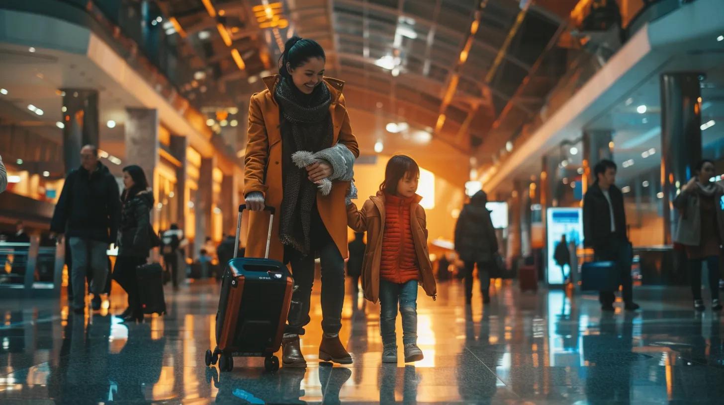 a sleek, modern family navigating a bustling airport terminal with ease, showcasing a compact travel system effortlessly being manoeuvred through crowds, highlighting the benefits of portability and convenience in family travel.