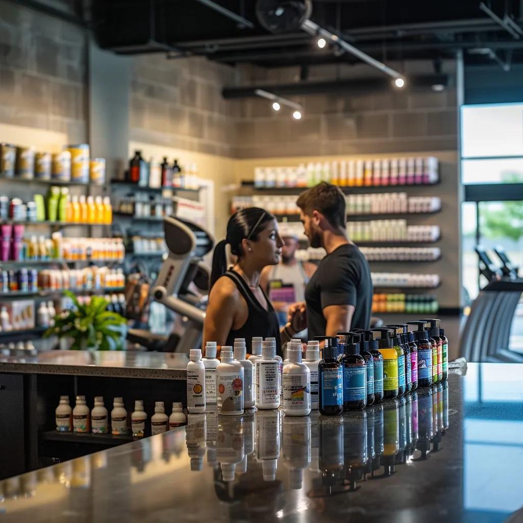 a sleek, modern fitness studio filled with vibrant, colorful supplement bottles prominently displayed on a polished countertop, with an energetic personal trainer enthusiastically explaining their benefits to an engaged client amidst an array of gym equipment.